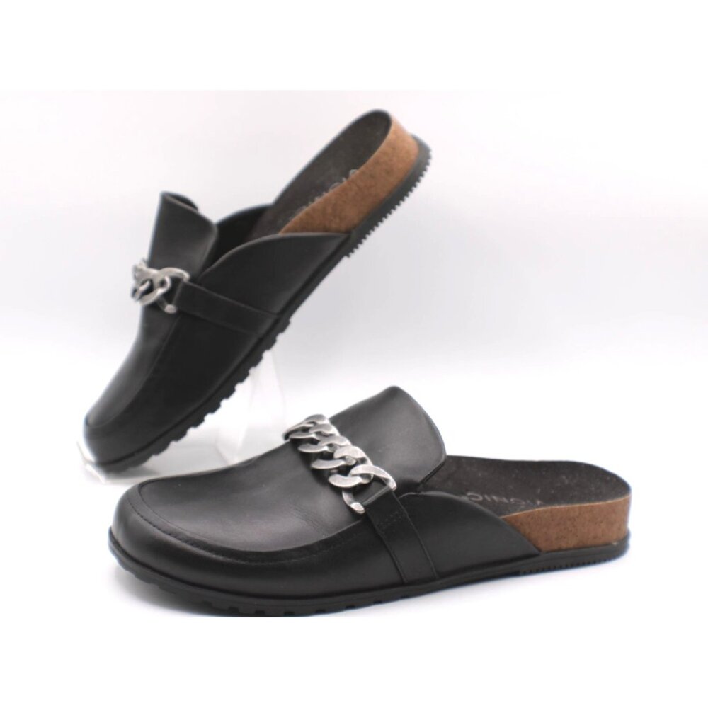 Vionic Georgie Womens Size 9 Black Leather Slip-On Mules W/ Chain Accent